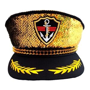 SEQUIN FABRIC CAPTAIN HAT ADJUSTABLE STRAP IRIDESCENT GOLD/ IRIDESCENT SILVER